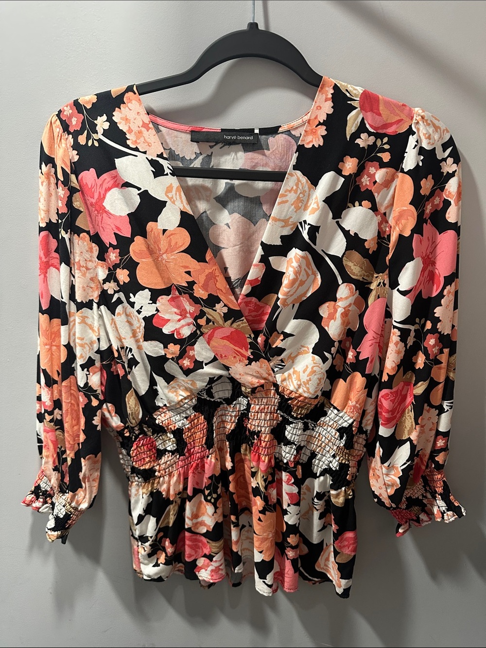 Harve Benard Black Floral Wrap Peplum Top with Coral & Cream